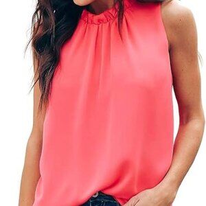 AlvaQ Coral Chiffon Top in Coral, Professional, Sleeveless V-Neck Blouse,  XXL